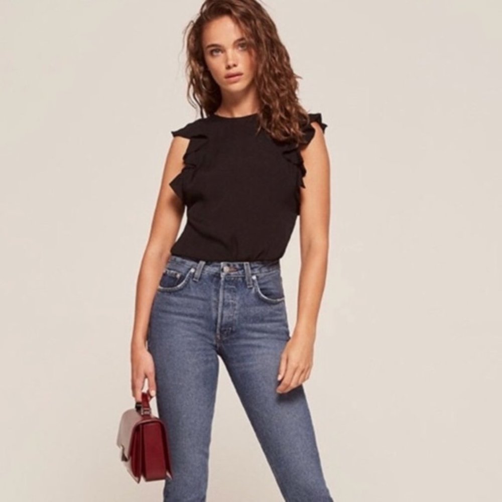 New Reformation Magpie Ruffle Flutter Sleeve Top - image 1